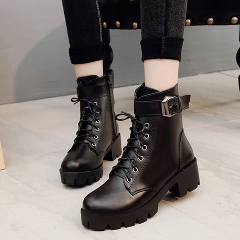 De cuero de moda botas tipo Martins zapatos de mujer zapatos de invierno cálido de encaje tobillo botas para mujer de alta calidad plataforma impermeable Boots658 ► Foto 1/4