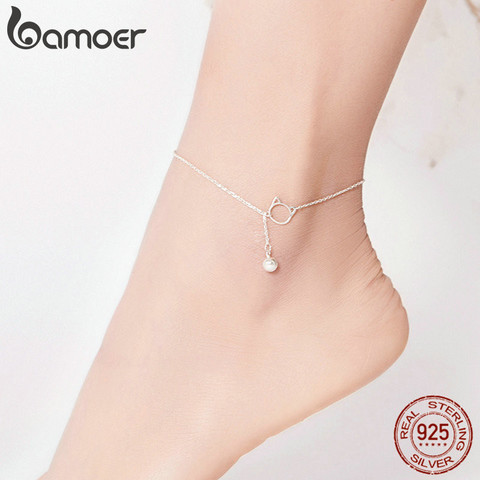 Bamoer-tobillera de plata de primera ley con forma de gato para mujer, brazalete, tobillera, plata esterlina 925, estilo campanilla sencilla, color liso, SCT003 ► Foto 1/5