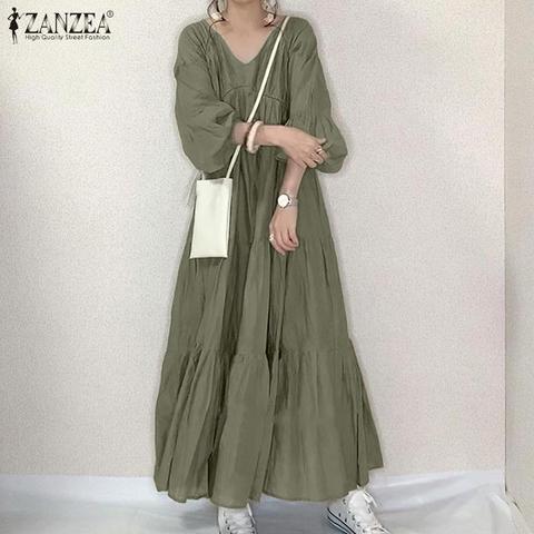 2022 de las mujeres de otoño con cuello en V manga Puff Vestido veraniego largo Casual elegante mujer volantes Vestido Kaftan de gran tamaño Vestido Maxi ► Foto 1/6