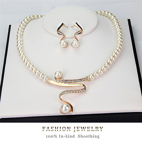 Conjunto de collar y pendientes con diamantes de imitación, perlas para fiesta, boda, novia, elegante ► Foto 1/6