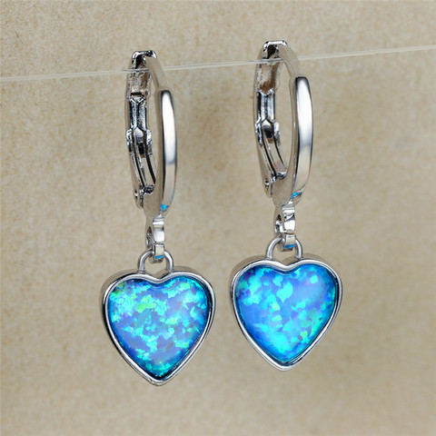 Pendientes de piedra ópalo azul sencillos para mujer, pendientes con argolla de corazón de amor a la moda, aretes de boda de Color Vintage nupcial plata para mujer ► Foto 1/6