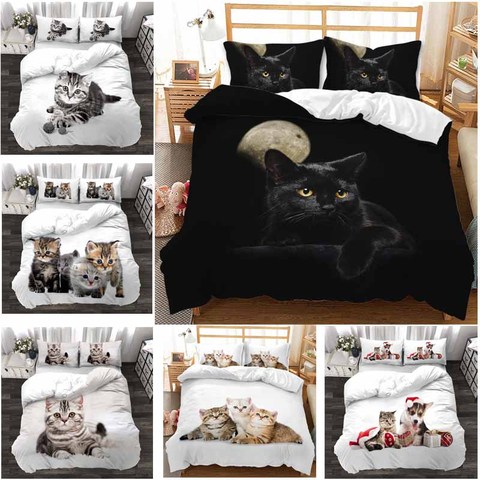 Funda de almohada con estampado digital 3D, colcha de patrón Animal de gato, juego de sábanas de cama doble, edredón, ropa de cama de microfibra suave, 2/3 uds. ► Foto 1/6