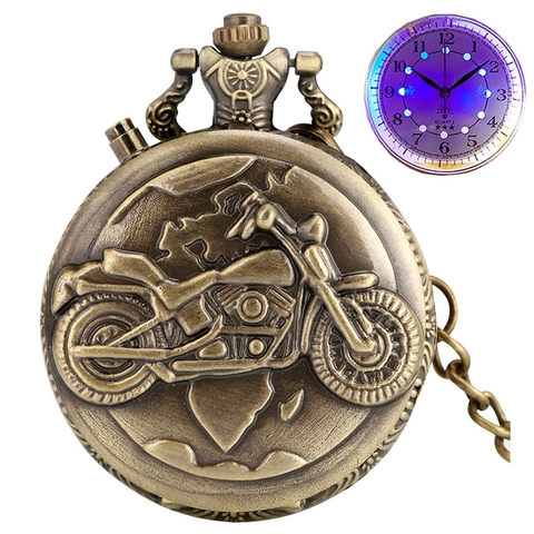 Reloj de bolsillo de cuarzo para motocicleta, con esfera LED luminosa de bronce, cadena tallada Steampunk, reloj de bolsillo, regalos ► Foto 1/6