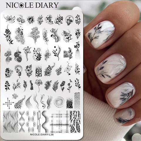 NICOLE DIARY-placas de estampado de uñas, plantillas de estampado de hojas de flores, rectángulo grande, punto de punto, imagen, plantilla de impresión, herramienta de manicura ► Foto 1/6