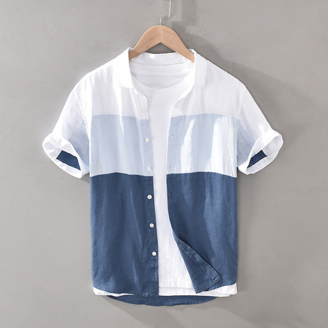 Harakuju-camisetas ajustadas informales de manga corta para hombre, ropa de verano a la moda, estilo japonés, tela de lino 100% de alta calidad, Patchwork degradado ► Foto 1/5