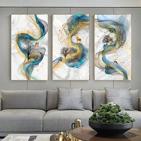 Pintura abstracta de ciervo dorado, póster de gran tamaño, estampado azul pared dorada, cuadro artístico para sala de estar, lienzo moderno, decoración del hogar ► Foto 1/6