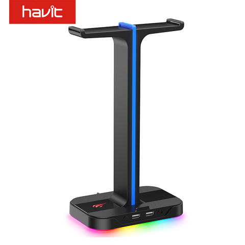 Havit-soporte para auriculares RGB para videojuegos, soporte estándar con gancho y 2 puertos USB para pantalla de PC, escritorio de pie, blanco y negro ► Foto 1/1