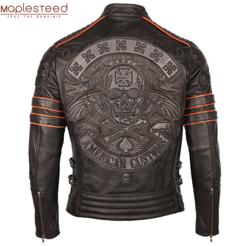 Chaqueta de cuero negro con bordado de calavera para motocicleta, chaqueta Piel de vaca Natural para Moto, abrigo de cuero para motorista, ropa cálida para invierno M219, 100% ► Foto 1/6