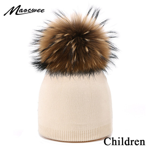 Gorro de punto con pompón de piel auténtica para niñas y niños, gorro de deporte al aire libre, suave, cálido, grueso, para invierno ► Foto 1/6