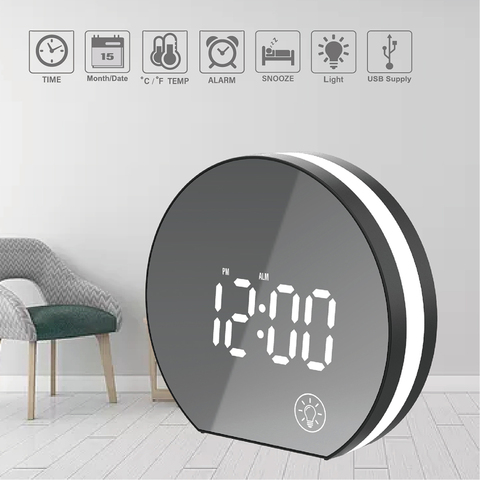 Espejo despertador de mesa Digital con USB, reloj para mesilla de noche y dormitorio con luz, Snooze y temperatura, moderno, para oficina, Watc ► Foto 1/6