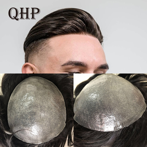 QHP pelo fino suave de la piel PU hombres peluquín puro peluca artesanal de 8x10 pulgadas Remy humano indio sistemas de repuesto de cabello hombres peluca ► Foto 1/6