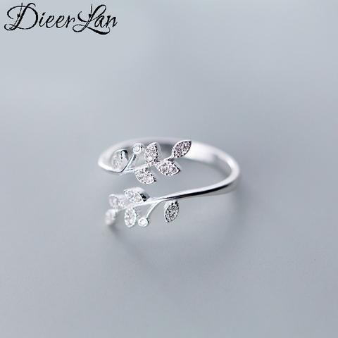 DIEERLAN, Anillos de hojas de cristal de Plata de Ley 925 con personalidad para mujer, joyería de boda, Anillos de dedo antiguos ajustables ► Foto 1/6