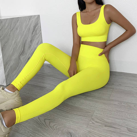 Conjunto de Yoga acanalado para mujer, sujetador de Fitness, Leggings deportivos de cintura alta sin costuras, ropa de entrenamiento, 2 piezas ► Foto 1/6