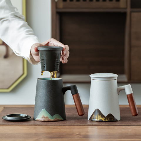 LUWU-tazas de té de cerámica con filtro, diseño de montaña, Taza de Café de Cerámica, chino, 400ml ► Foto 1/4