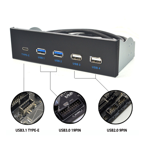 Panel Frontal USB 5,25 GEN2 de 3,1 pulgadas Hub USB 2 puertos USB 3,0 + 2 puertos USB2.0 + 1 puerto TYPE-C con conector de TYPE-E para PC de escritorio ► Foto 1/6