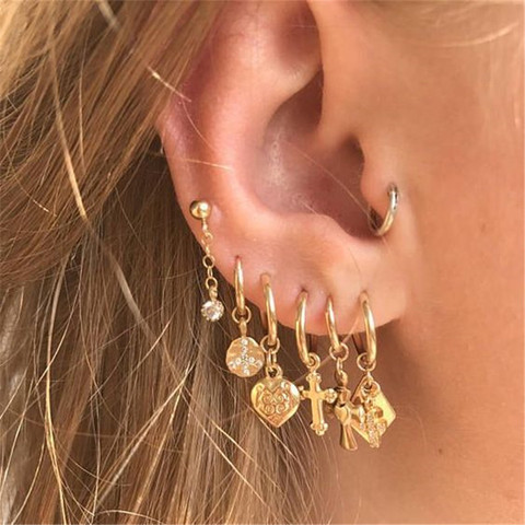 Flatfoosie-pendientes de aro pequeños para mujer y niña, aretes de aro de cartílago dorado, joyería de cruz y corazón, Estrella y triángulo ► Foto 1/6