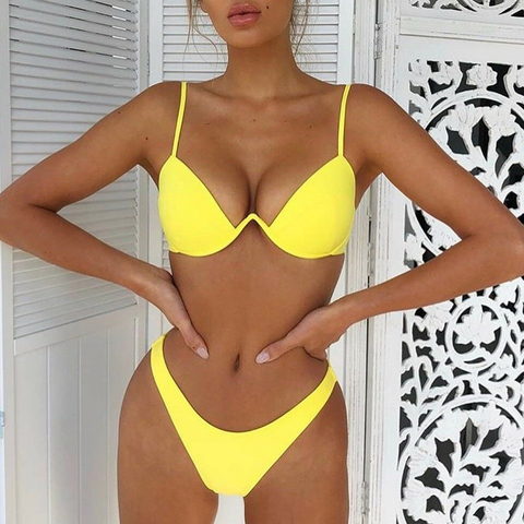 Conjunto de Bikini brasileño sin relleno para mujer, bañador Sexy de realce, traje de baño de estilo vendaje de 4 colores, envío directo ► Foto 1/5