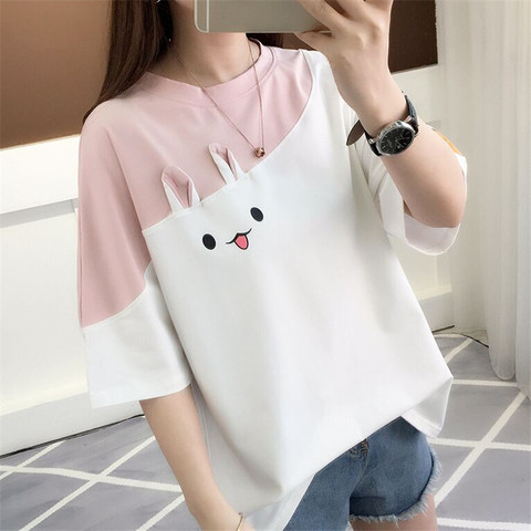 Camisetas bonitas para mujer, ropa blanca y Rosa coreana, playera kawaii holgada de cuello redondo de moda, camiseta nueva de verano 2022 ► Foto 1/6