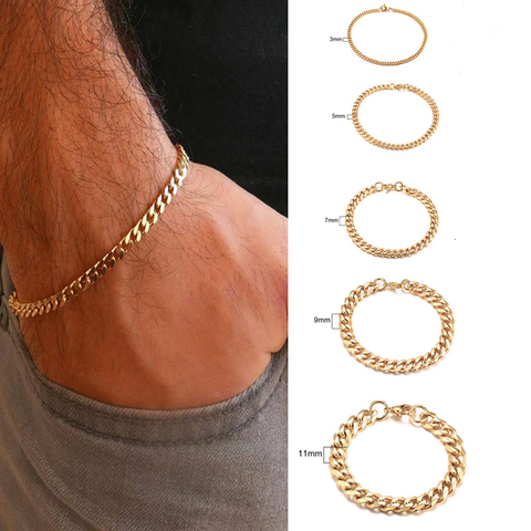 Pulsera de acero inoxidable con cadena de eslabones cubanos para hombre y mujer, brazalete con tono dorado, No se destiñe, de 3mm a 11mm ► Foto 1/6