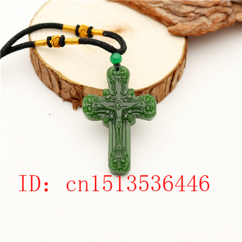 Colgante de Jade tallado con cruz de Jesús, collar verde chino Natural, joyería de jadeíta, amuleto de la suerte, regalos para mujeres ► Foto 1/4