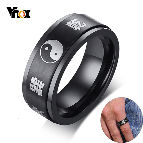 Vnox Spinner Yingyang Bagua equilibrio anillo para hombres de acero inoxidable negro caracter chino grabado suerte bendición personalizado anillo ► Foto 1/6