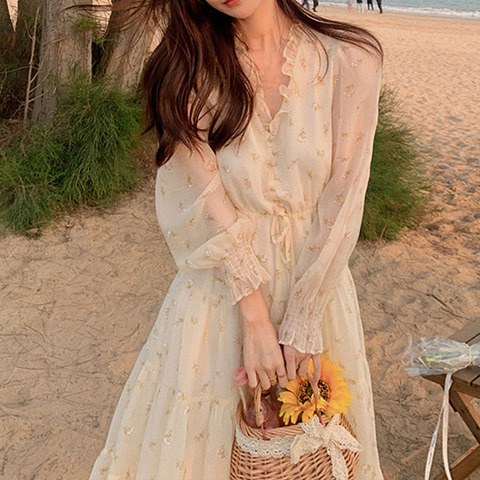 Vestido de verano de gasa de manga larga con cuello en V para mujer, traje elegante con flores para fiesta y playa, estilo coreano, 2022 ► Foto 1/6