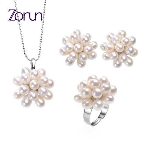 Zorun-Conjuntos de joyería de boda de perla Natural de agua dulce auténtica para mujer, juegos de anillos de nuevo diseño de Color plateado de 5-6MM ► Foto 1/6