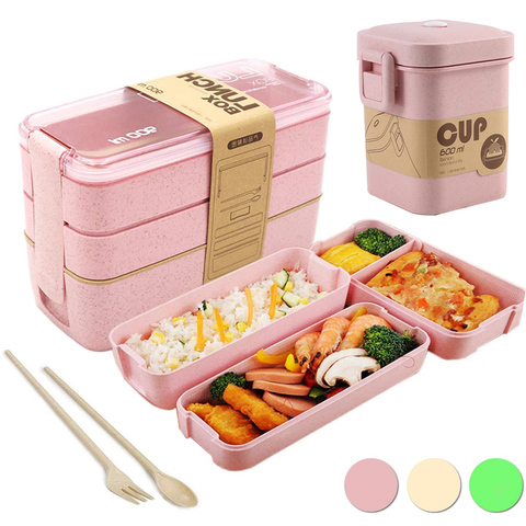 750ml 900ml microondas caja de almuerzo Material saludable almuerzo 2 3 capas cajas de Bento de paja de trigo vajilla de contenedor de almacenamiento de alimentos ► Foto 1/6