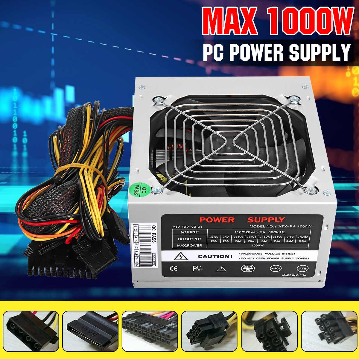 Fuente de alimentación de 1000W para ordenador, PSU PFC, ventilador silencioso ATX de 24 Pines, 12V, SATA, para juegos, PC, fuente de alimentación para ordenador Intel y AMD, color plateado ► Foto 1/6