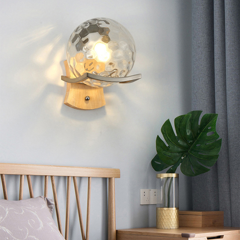 Lámpara de pared nórdica de madera para Interior, lámpara de Luna para dormitorio, mesita de noche, diseño de pasillo de lujo, bola de cristal moderna redonda, luces Led de pared ► Foto 1/6