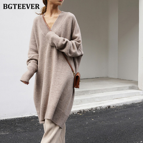 BGTEEVER-suéter de gran tamaño con cuello en V para mujer, vestido Midi de manga larga, grueso, cálido, suelto, de punto, otoño e invierno, elegante, 2022 ► Foto 1/6