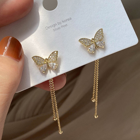 Pendientes largos con borlas para mujer, pendientes coreanos con mariposa dulce, pendiente con diamante de imitación, colgante geométrico elegante, joyería 2022 ► Foto 1/6