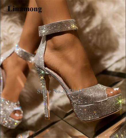 Zapatos de plataforma Peep Toe ostentosos y lujosos con diamantes de imitación, zapatos de tacón de aguja, correa en el tobillo, tacones altos de cristal, para boda ► Foto 1/6