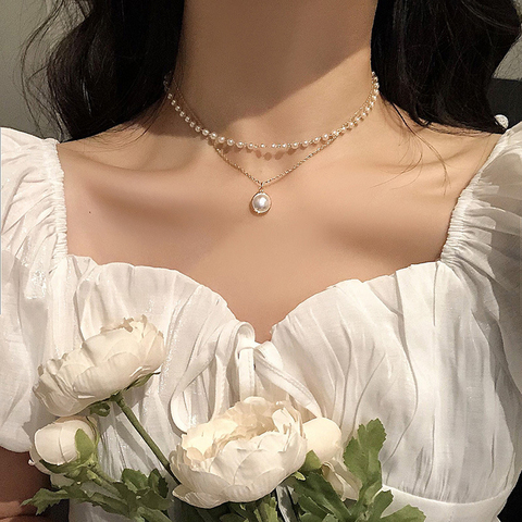 SUMENG-gargantilla de perlas Kpop para mujer, collar bonito de doble capa, colgante de cadena para mujer, regalo para niñas, joyería 2022 ► Foto 1/6