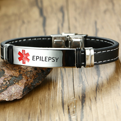 Pulsera de alerta médica para hombres, brazalete de cuero negro grabable de acero inoxidable para DIABETES, epilepsia, alergias, ID de alerta médica ► Foto 1/1