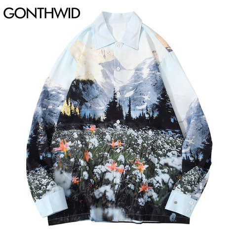 GONTHWID hawaianas-camisas de manga larga para hombre, ropa de calle con estampado de panorámica de flores de montaña, estilo Harajuku, informal, blusa ► Foto 1/6