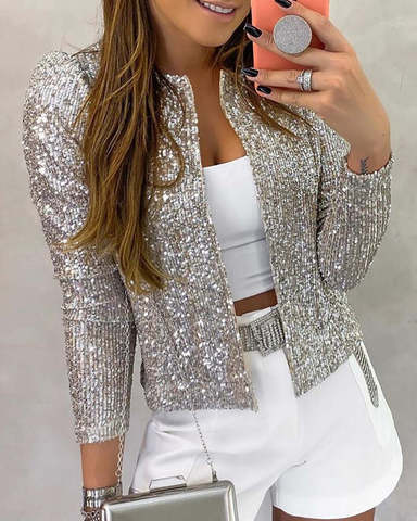 Abrigo de manga larga con lentejuelas abiertas en la parte delantera para mujer, chaqueta informal para mujer, Chaqueta con botones de perlas y lentejuelas, ropa con cuello redondo para mujer ► Foto 1/6