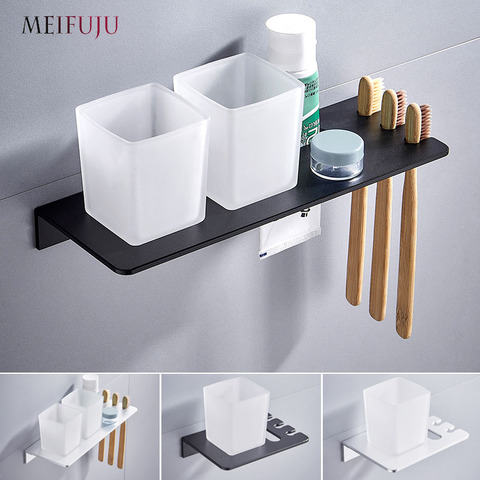 Soporte doble plateado para cepillo de dientes con soporte para los dientes, vaso negro de aluminio y portavasos, montaje de pared de productos de baño, estante para pasta dental ► Foto 1/6