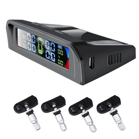 Sistema de Control TPMS con alarma de presión de neumático de coche, pantalla en tiempo Real acoplada a energía Solar inalámbrica de vidrio con 4 sensores ► Foto 1/6