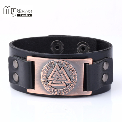 Mi forma eslavo Noruega Valknut Pagan amuleto pulsera de cuero Metal grabado runas brazalete escandinavo Viking joyería de Europa ► Foto 1/6