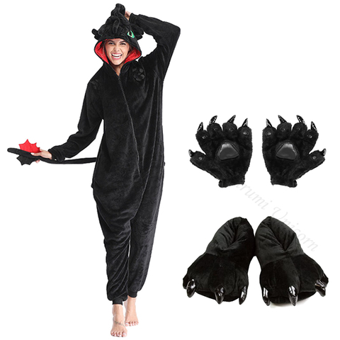 Kigurumi-Pijama de dinosaurio Unisex, ropa de dormir de invierno, mono negro de unicornio, con cremallera, sin dientes ► Foto 1/6