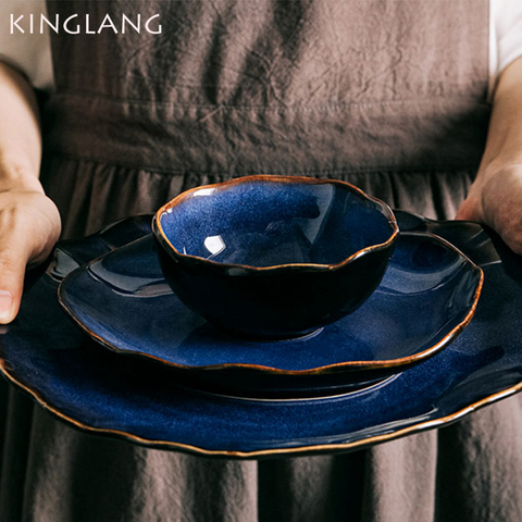 KINGLANG-plato y cuenco de cerámica nórdico, plato Irregular de cerámica para comida, ensalada, vajilla ► Foto 1/6