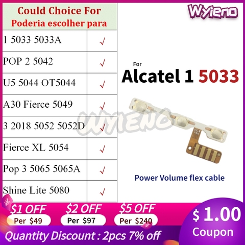 Wyieno interruptor de alimentación/off para Alcatel 1 3 5033, 5042, 5044, 5049, 5052, 5054, 5065, 5080, 5095, 5014, 6016 botón de volumen Cable Flex ► Foto 1/6