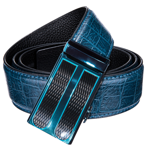 Cinturón de piel de vaca con hebilla automática para hombre, cinturón masculino de piel auténtica, Casual, Punk, de cocodrilo, 3,5 cm de ancho, color azul ► Foto 1/6