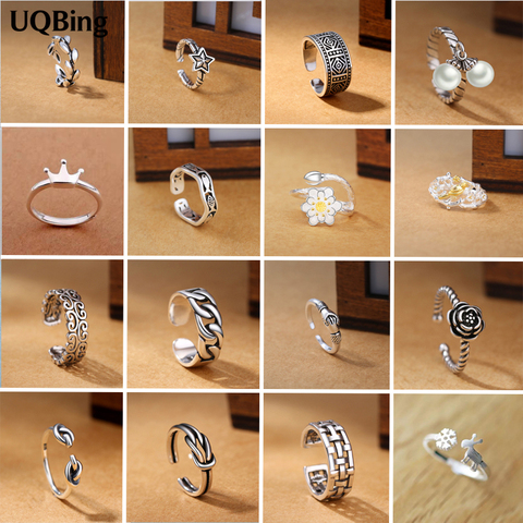 925 anillos de plata esterlina Vintage de diseño hecho a mano para mujer, ajustable, flor y estrellas, lazo, anillos de plata tailandeses con personalidad, 16 Uds. ► Foto 1/6