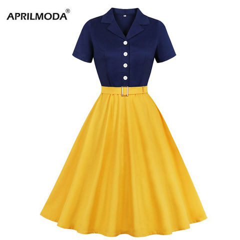 De talla grande de las mujeres Vestidos Vintage 50s Patchwork dentada Collar botón vestido elegante fiesta de Rockabilly Swing Vestidos ► Foto 1/6