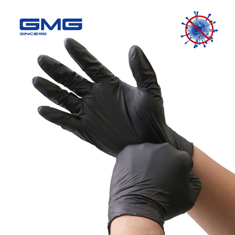 Guantes de nitrilo desechables GMG negro 100 unids/bolsa resistente al aceite grado impermeable alergia libre desechables guantes de seguridad mecánico ► Foto 1/6