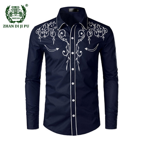 Vaquero occidental bordado camisas casuales de los hombres de manga larga camisa Slim Fit Hombre boda Fiesta Social Club de hombres de Chemise Homme ► Foto 1/6