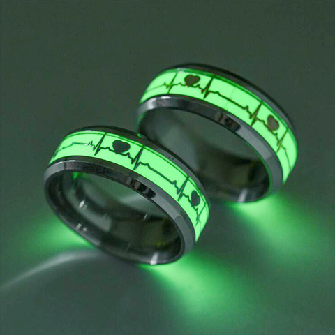 Anillo de dedo luminoso de acero inoxidable para hombre y mujer, accesorios de regalo de joyería, brillan en la oscuridad, corazón, alianzas de boda ► Foto 1/6