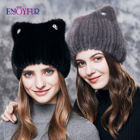 Gorros de piel de visón Natural ENJOYFUR para mujeres lindas orejas de gato grueso sombrero de invierno Piel de moda femenina con diamantes de imitación tejidos gorros ► Foto 1/6